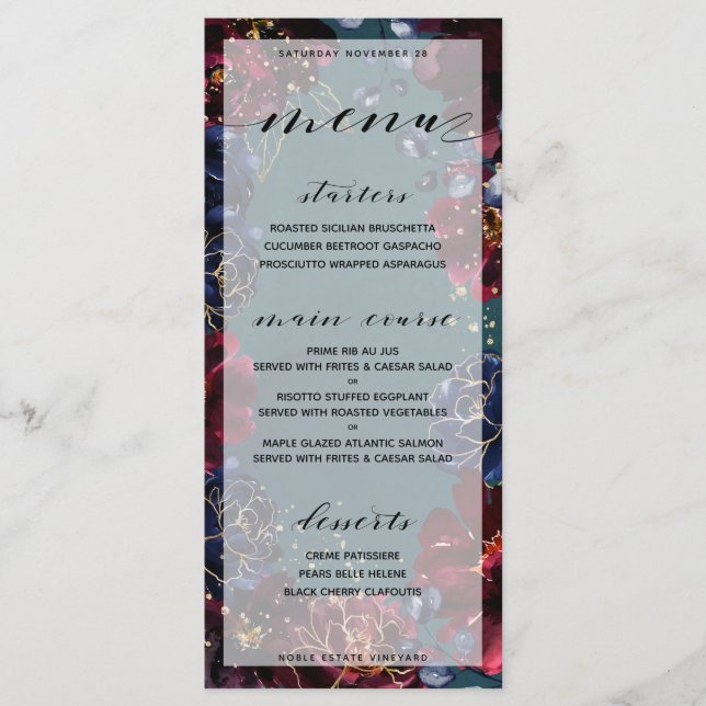 Teal Bordeaux Sapphire Jewel Tone Wedding 2 Menu (Front)