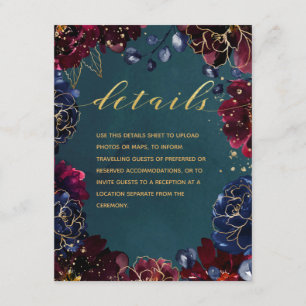 Teal Bordeaux Sapphire Jewel Tone Wedding Details Enclosure Card