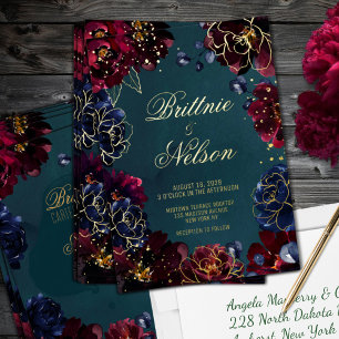 Teal Bordeaux Sapphire Jewel Tone Wedding Gold Foil Invitation