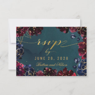 Teal Bordeaux Sapphire Jewel Tone Wedding Return RSVP Card