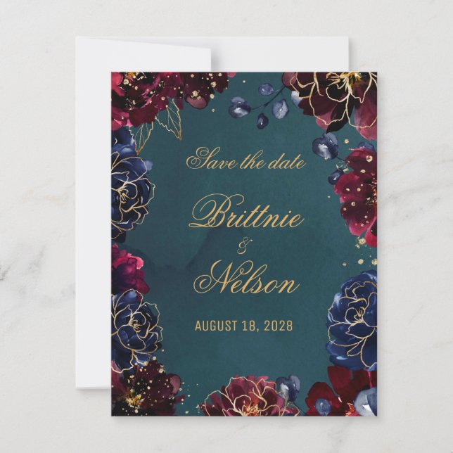 Teal Bordeaux Sapphire Jewel Tones Save The Date Invitation (Front)