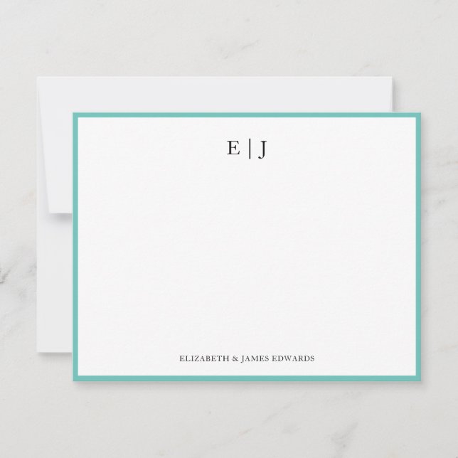 Teal Border Couple Monogram Initials Personalized Note Card (Front)