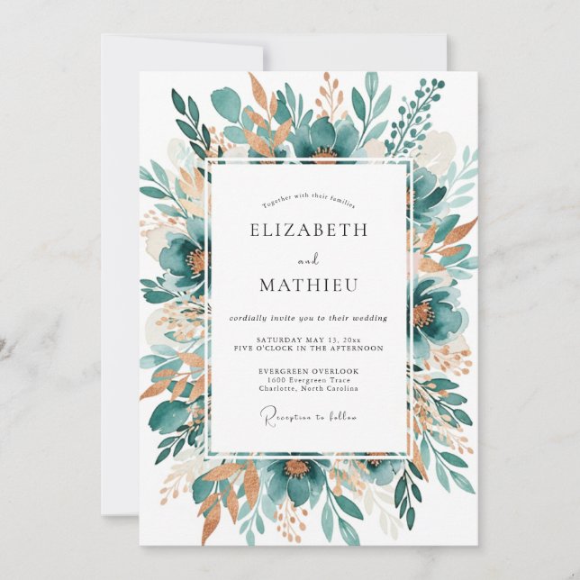Teal Botanical Bloom Wedding Invitation (Front)
