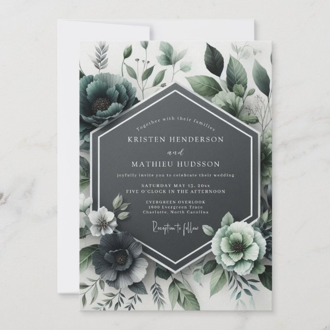Teal Botanical Bloom Wedding Invitation (Front)