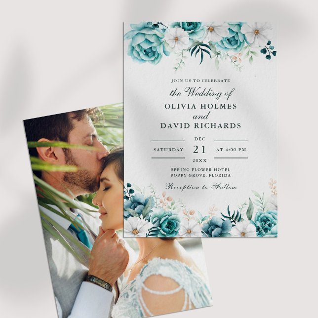 Teal Botanical Couple Photo Wedding Invitation (Off-White Teal Wildflowers Couple Photo Wedding Invitation on a white table.)