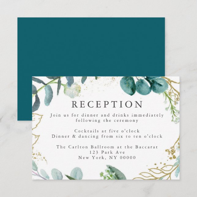 Teal Botanical Elegant Wedding Reception Card (Front/Back)