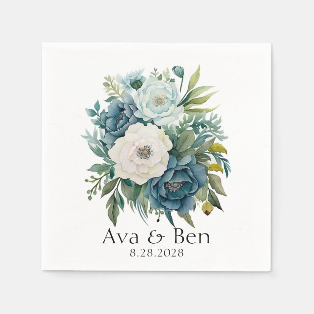 Teal Botanical Floral Peonies Wedding Napkins (Front)