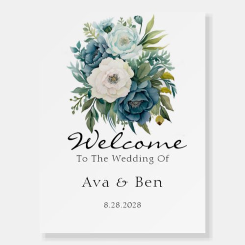 Teal Botanical Floral Peonies Wedding Welcome Sign