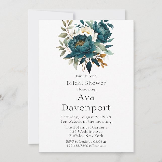 Teal Botanical Floral Peony Bridal Shower Invitation (Front)