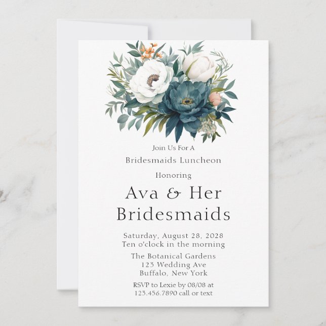 Teal Botanical Floral Peony Bridesmaids Luncheon Invitation (Front)