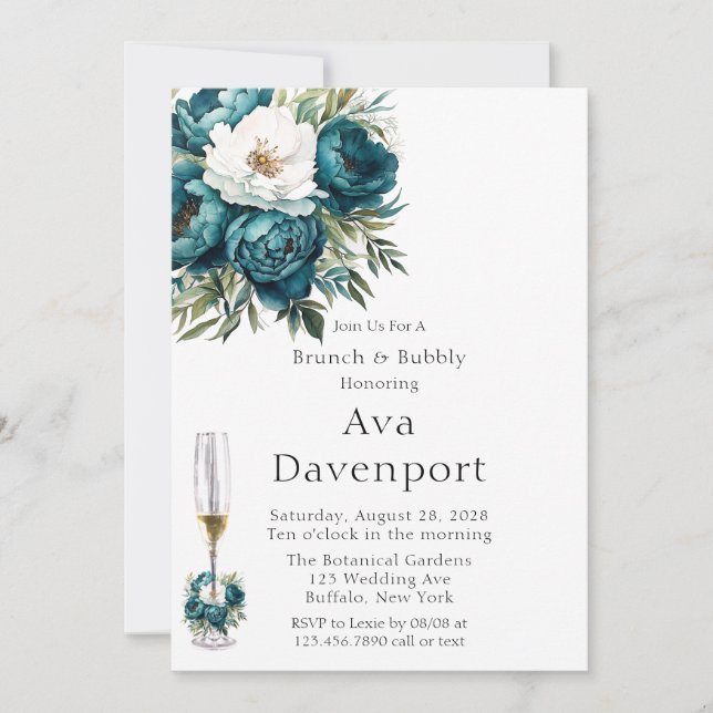 Teal Botanical Floral Peony Brunch & Bubbly Invitation (Front)