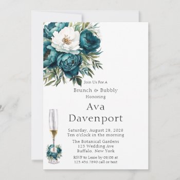 Teal Botanical Floral Peony Brunch & Bubbly Invitation by Wedding_Charme at Zazzle