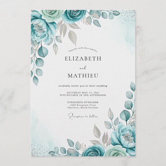 Teal Botanical Flourish Wedding Invitation (Front)