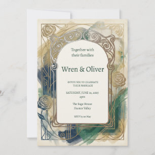 Teal Botanical Gold Art Nouveau Wedding Invitation