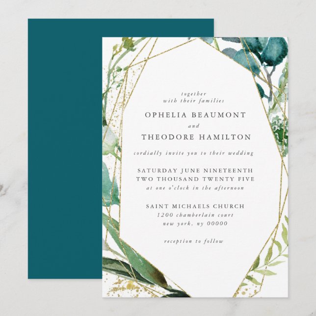 Teal Botanical Modern Elegant Wedding Invitation (Front/Back)