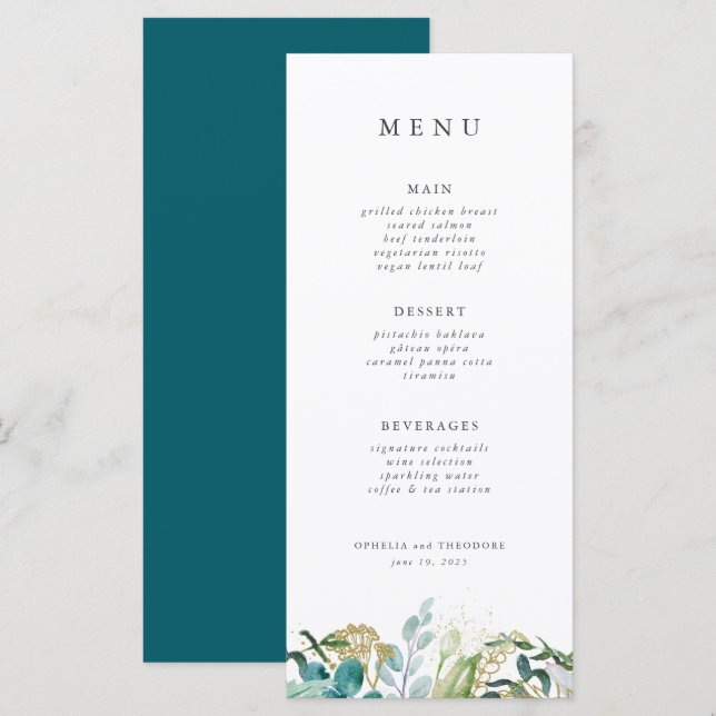 Teal Botanical Modern Elegant Wedding Menu (Front/Back)