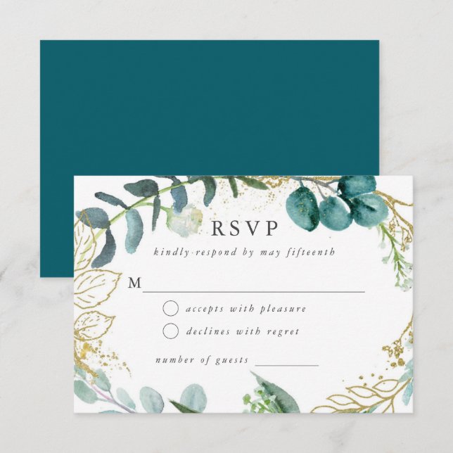 Teal Botanical Modern Elegant Wedding RSVP Card (Front/Back)