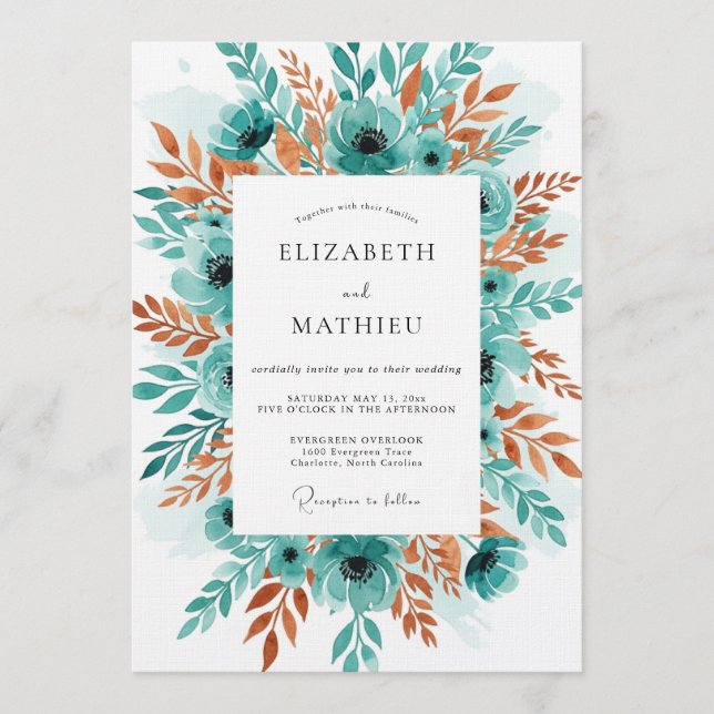 Teal Botanical Romance Wedding Invitation (Front)