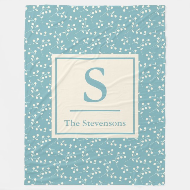 Teal Botanical Sprig Monogram Personalized Family Fleece Blanket (Front)