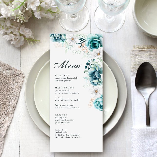 Teal Botanical Wedding Menu Card (Teal and Off-White Wildflowers Wedding Menu Card on a white and silver wedding dinner table.)