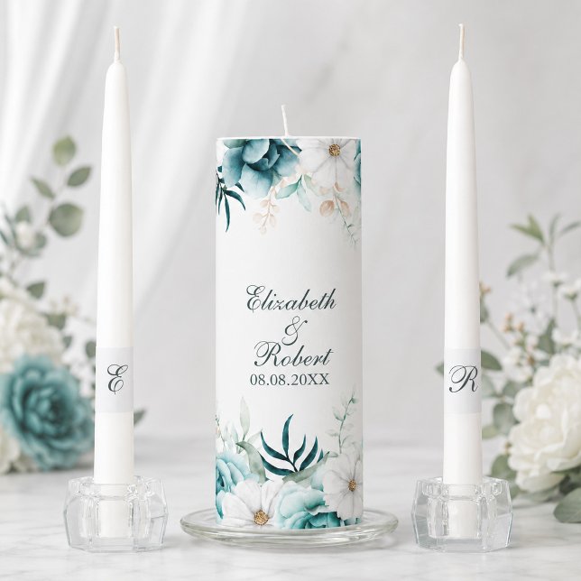 Teal Botanical Wedding Unity Candle Set (Teal Botanical Wedding Unity Candle Set)