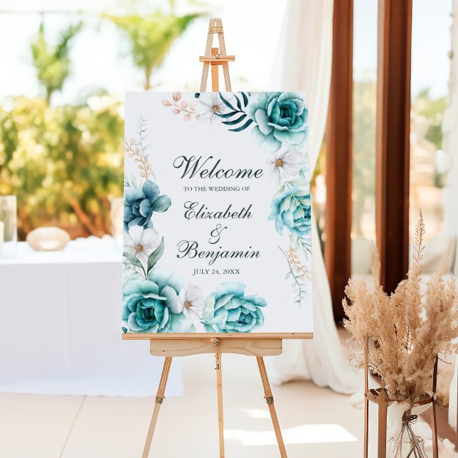 Teal Botanical Wedding Welcome Sign Decor (Teal and Off-White Floral Wedding Welcome Foam Board
)