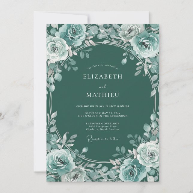 Teal Botanical Wreath Wedding Invitation (Front)