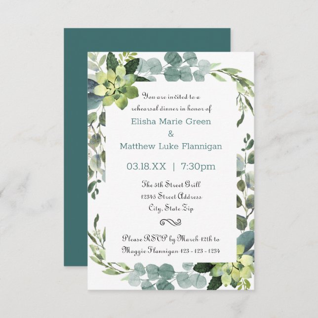 Teal Bouquet Frame - 3x5 Rehearsal Dinner Invite (Front/Back)