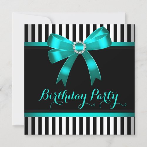 Teal Bow Black White Striped Birthday Party Invitation