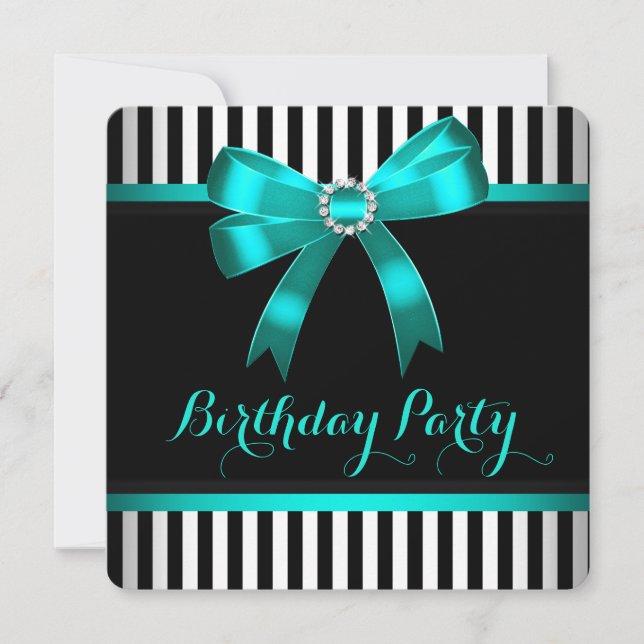 Teal Bow Black White Striped Birthday Party Invitation (Front)