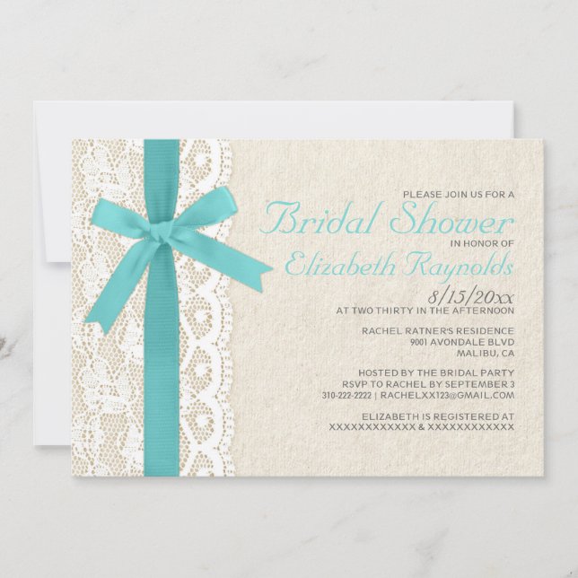 Teal Bow & Lace Bridal Shower Invitations (Front)
