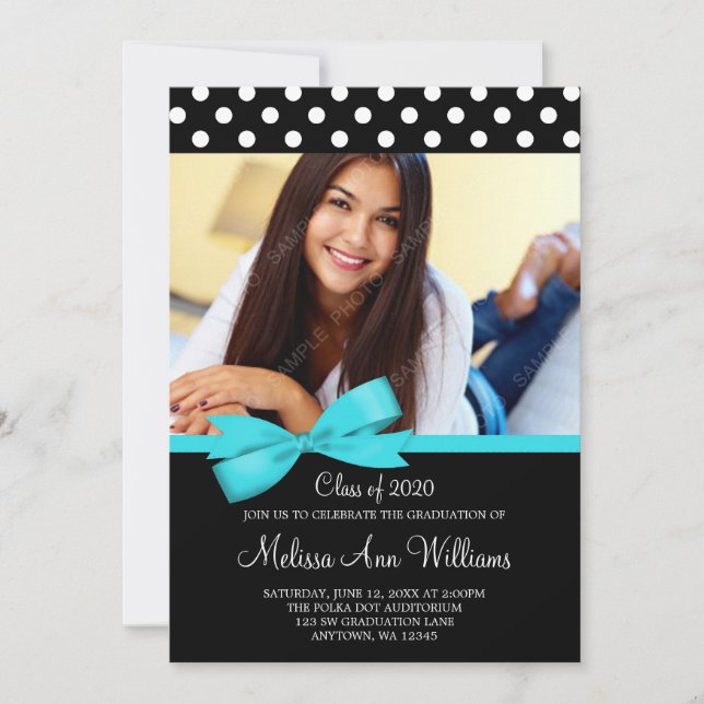 Teal Bow Polka Dots Photo Graduation Announcement (Front)
