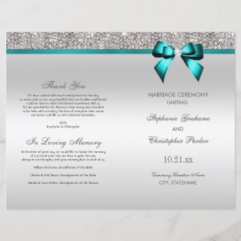 Teal Bow Silver Sequins Wedding Ceremony Program by GroovyGraphics at Zazzle