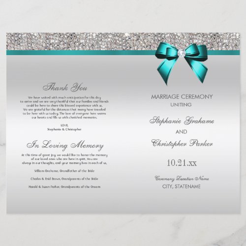 Teal Bow Silver Sequins Wedding Ceremony Program