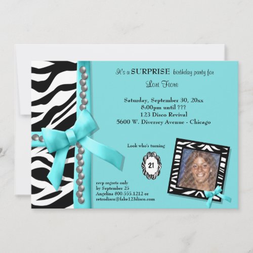 Teal Bow With Pearls And White Zebra Stripes Custom Invite