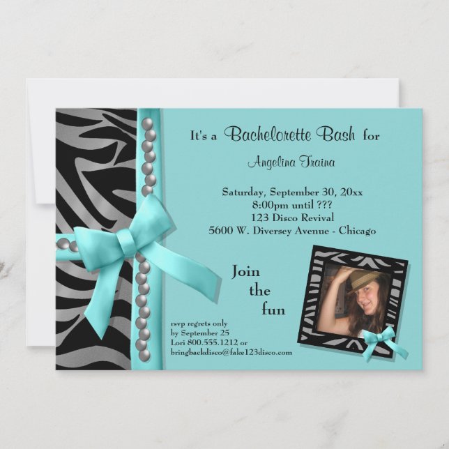Teal Bow With Silver Pearls And Zebra Stripes Invitation (Front)