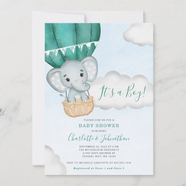 Teal Boy Elephant Balloon Baby Shower Invitation (Front)