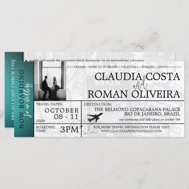 Teal Brazil Wedding Boarding Pass Invitation (Front/Back)