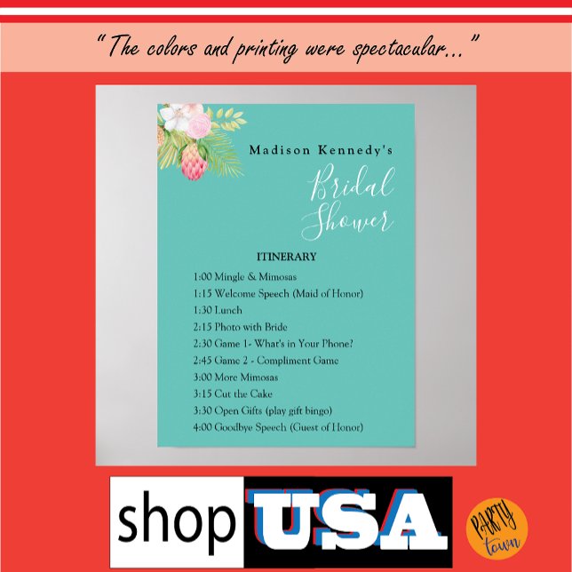 Teal Bridal Shower 🌸 Itinerary Plan Poster (bridal party information)