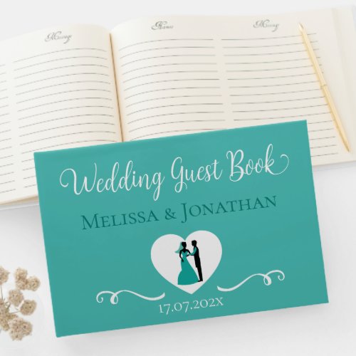 Teal Bride Groom Heart Elegant Wedding Guest Book