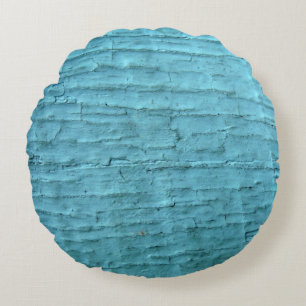 teal bright crackled wood Blue solid plain color Round Pillow