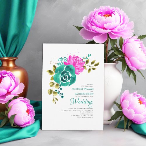 Teal Bright Pink Floral Wedding  Invitation