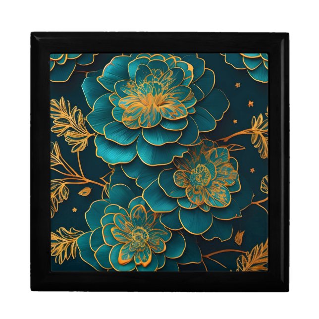Teal & Bronze Floral Wooden Jewelry Keepsake Box (Front)