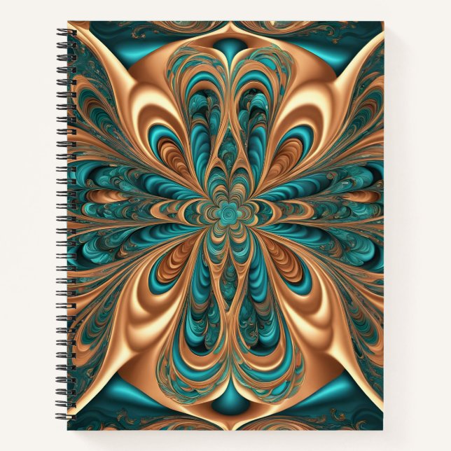 Teal & Bronze Luxe Bloom | Abstract Fractal Spiral Notebook (Front)