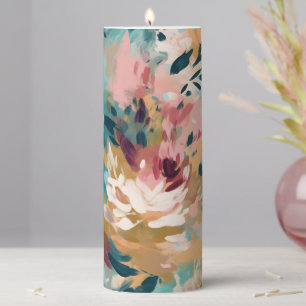 Teal Brown Abstract Painting Floral Pattern Pillar Candle