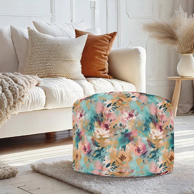 Teal Brown Abstract Painting Floral Pattern Pouf (Creator Uploaded)