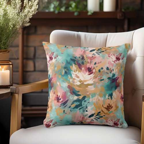 Teal Brown Abstract Painting Floral Pattern Throw Pillow