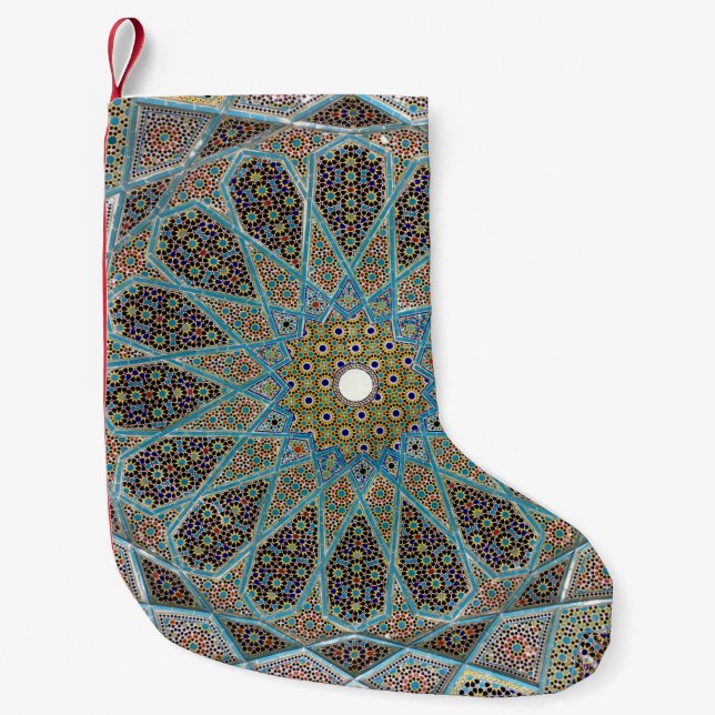 Teal, brown, and yellow floral kaleido artwork small christmas stocking (Front)