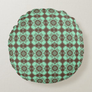 Teal Brown Checker Argyle Pattern Round Pillow