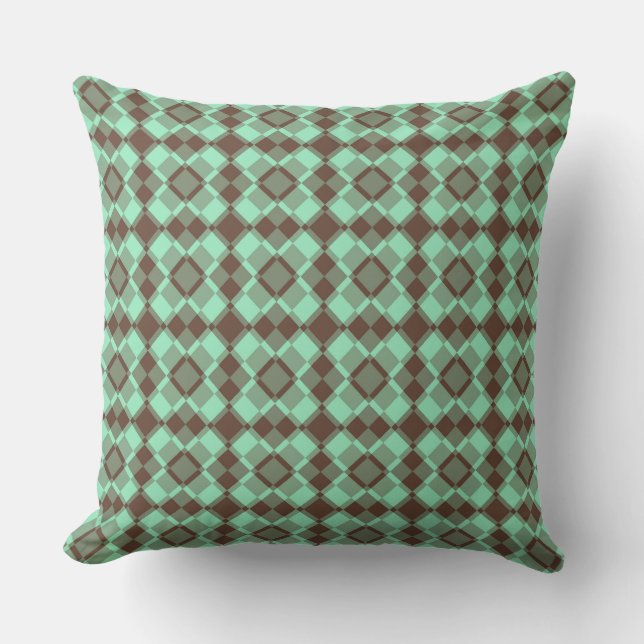 Teal Brown Checker Argyle Pattern Throw Pillow (Front)